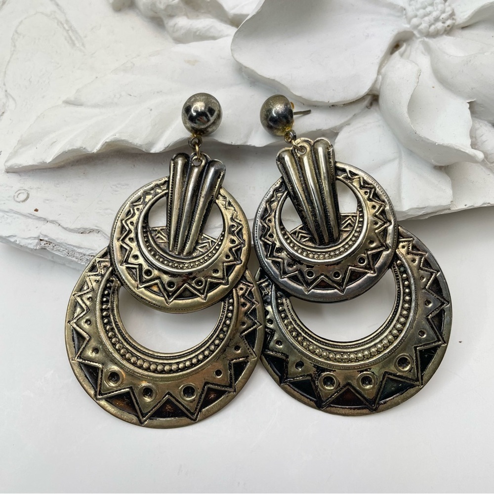 Vintage Large Aluminum Native Style Dangle Earrings